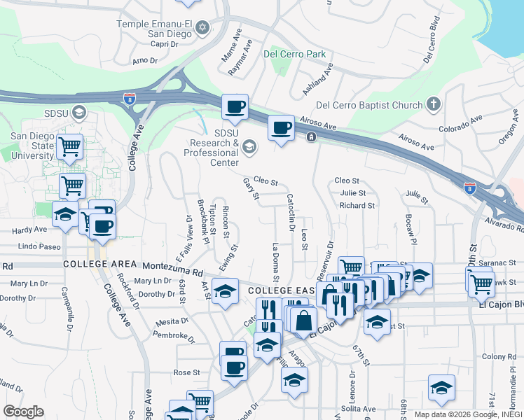 map of restaurants, bars, coffee shops, grocery stores, and more near 6407 Richard Street in San Diego