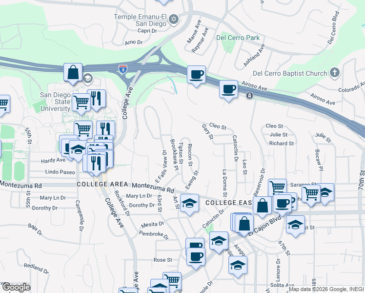 map of restaurants, bars, coffee shops, grocery stores, and more near 5230 Tipton Street in San Diego