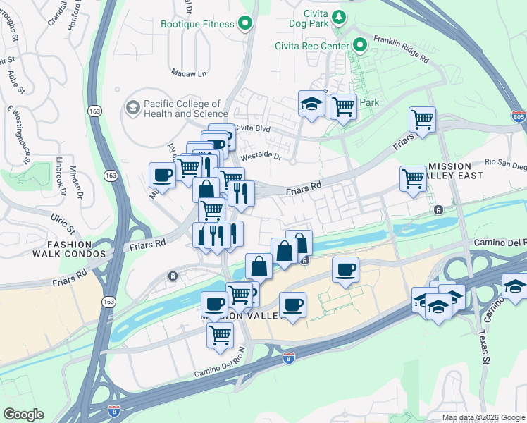 map of restaurants, bars, coffee shops, grocery stores, and more near 7930 Mission Center Court in San Diego