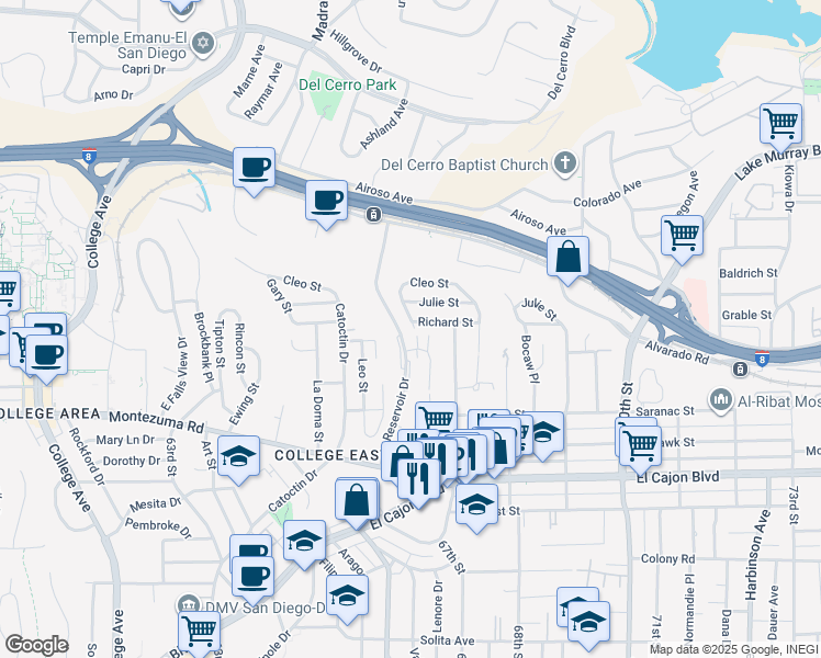 map of restaurants, bars, coffee shops, grocery stores, and more near 5204 Lenore Drive in San Diego