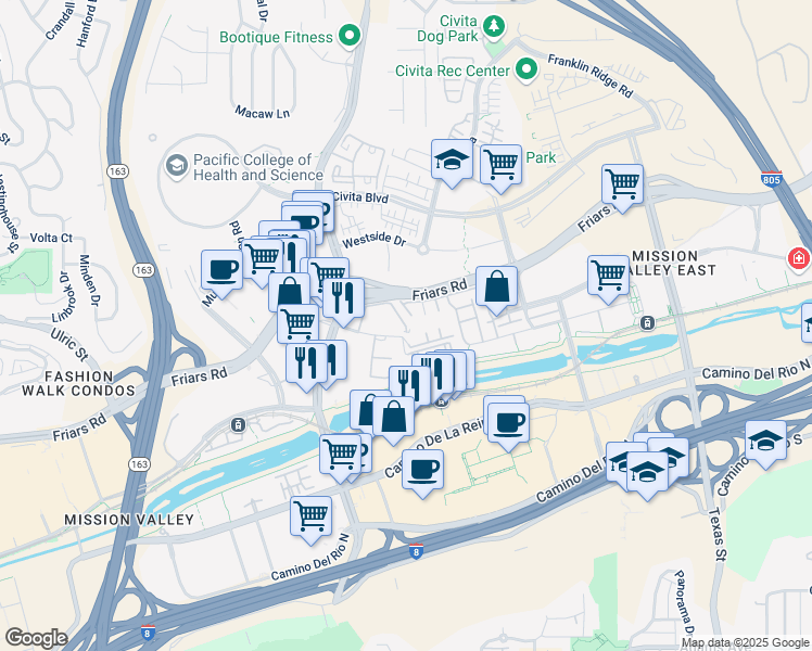 map of restaurants, bars, coffee shops, grocery stores, and more near 7960 Mission Center Court in San Diego