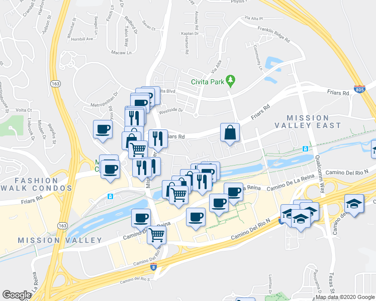 map of restaurants, bars, coffee shops, grocery stores, and more near 7968 Mission Center Court in San Diego
