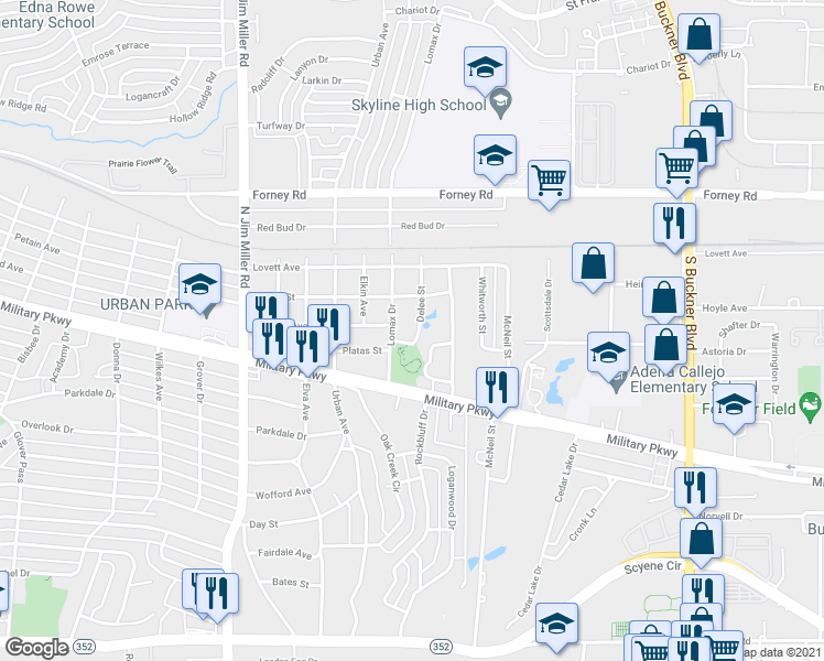 map of restaurants, bars, coffee shops, grocery stores, and more near 4111 De Lee Street in Dallas