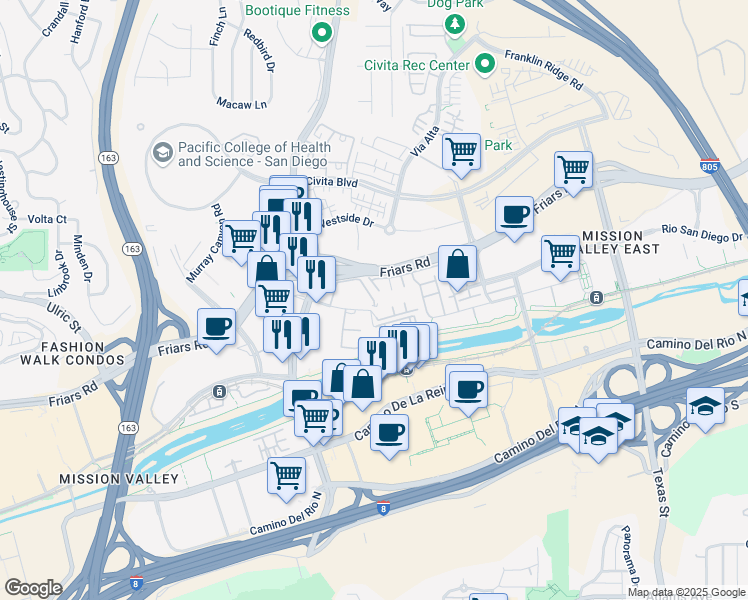 map of restaurants, bars, coffee shops, grocery stores, and more near 7934 Mission Center Court in San Diego