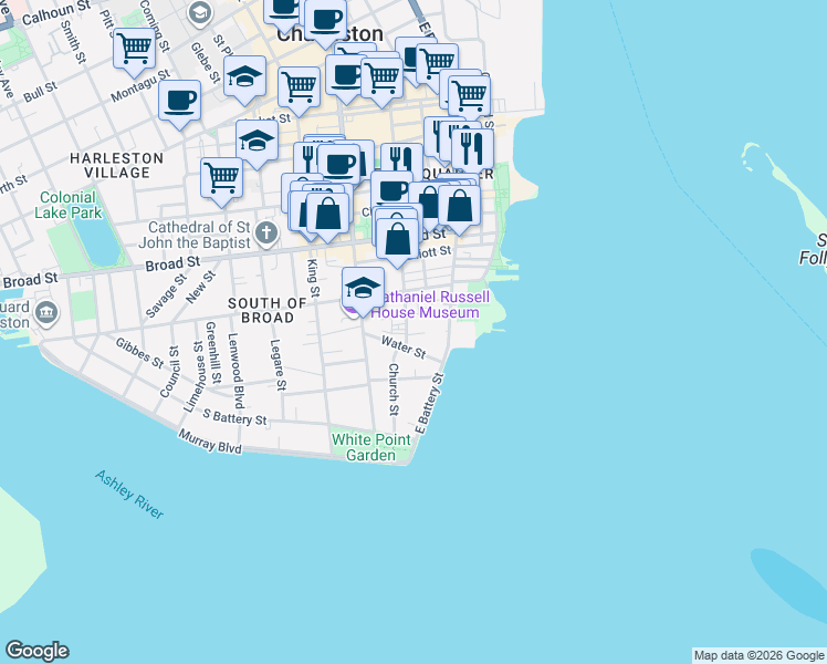 map of restaurants, bars, coffee shops, grocery stores, and more near 54A Church Street in Charleston
