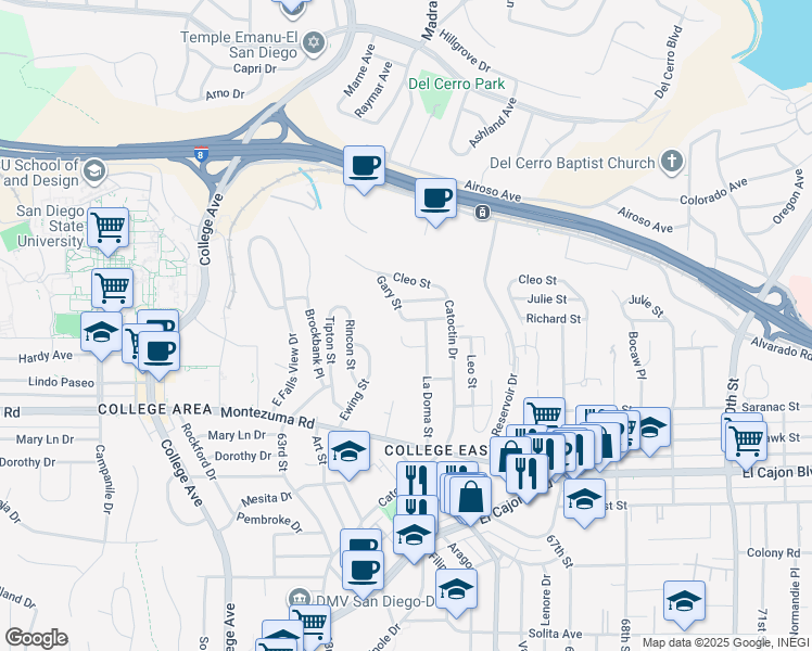 map of restaurants, bars, coffee shops, grocery stores, and more near 6407 Richard Street in San Diego