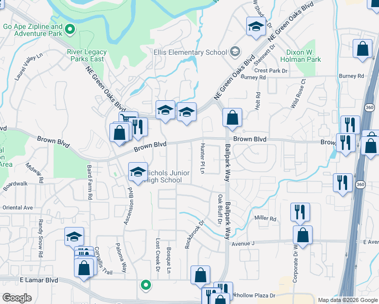 map of restaurants, bars, coffee shops, grocery stores, and more near 2304 Fall River Drive in Arlington