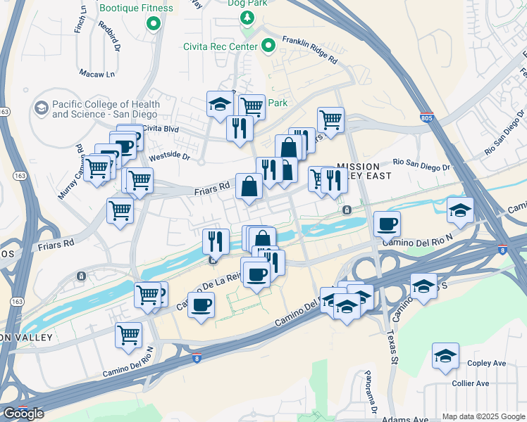 map of restaurants, bars, coffee shops, grocery stores, and more near 2182 Gill Village Way in San Diego