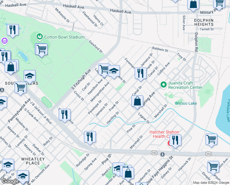 map of restaurants, bars, coffee shops, grocery stores, and more near 4111 Jamaica Street in Dallas