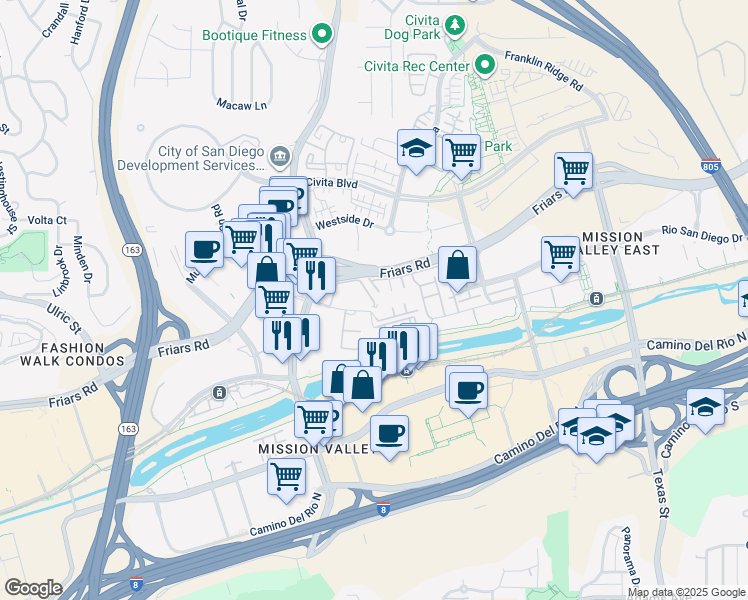 map of restaurants, bars, coffee shops, grocery stores, and more near 7964 Mission Center Court in San Diego