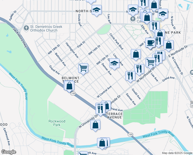 map of restaurants, bars, coffee shops, grocery stores, and more near 1500 Harrington Avenue in Fort Worth