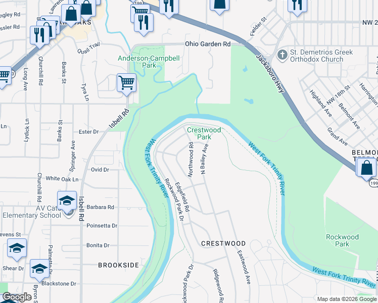 map of restaurants, bars, coffee shops, grocery stores, and more near 849 Northwood Road in Fort Worth