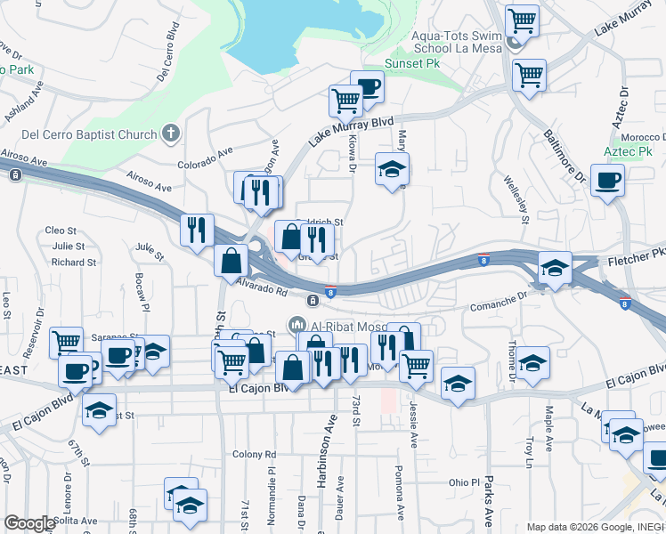 map of restaurants, bars, coffee shops, grocery stores, and more near 5240 Maryland Avenue in La Mesa