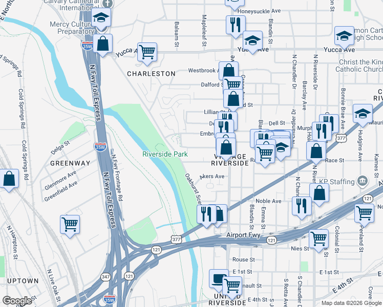 map of restaurants, bars, coffee shops, grocery stores, and more near 2413 Race Street in Fort Worth