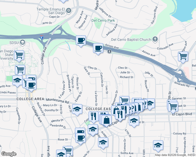 map of restaurants, bars, coffee shops, grocery stores, and more near 6459 Richard Street in San Diego