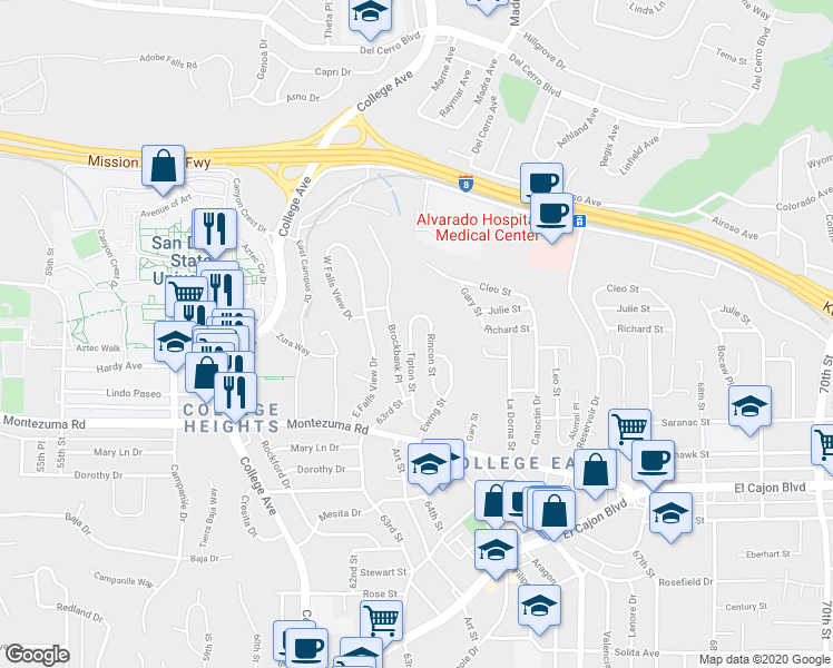 map of restaurants, bars, coffee shops, grocery stores, and more near 5230 Tipton Street in San Diego