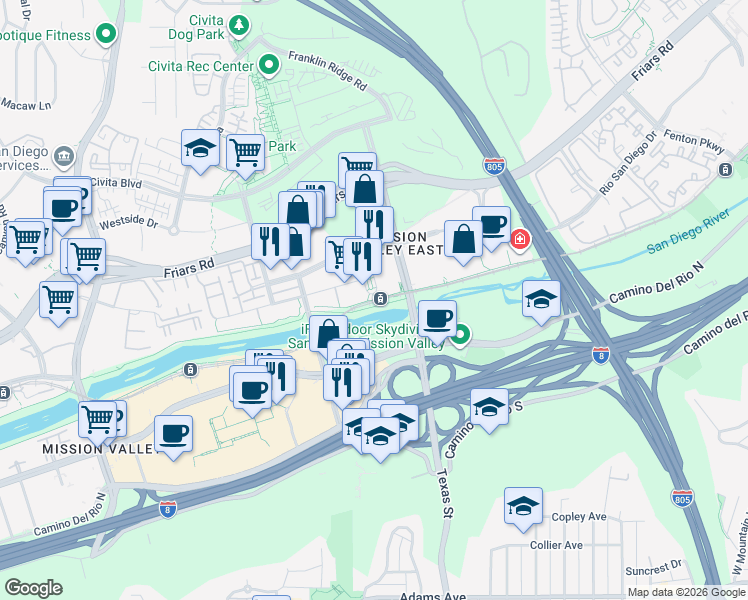 map of restaurants, bars, coffee shops, grocery stores, and more near 8233 Station Village Way in San Diego