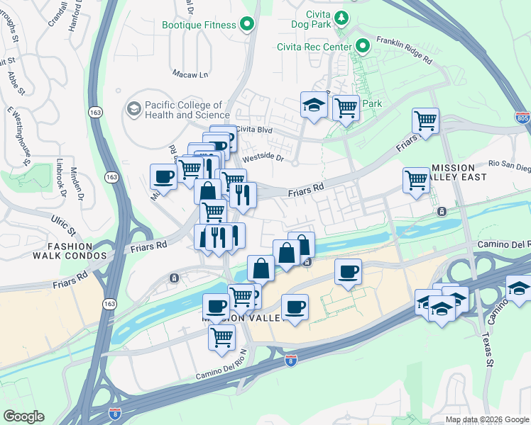 map of restaurants, bars, coffee shops, grocery stores, and more near 7930 Mission Center Court in San Diego