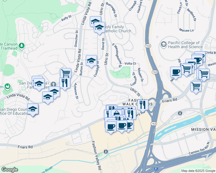 map of restaurants, bars, coffee shops, grocery stores, and more near 7287 Camino Degrazia in San Diego
