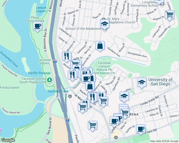 map of restaurants, bars, coffee shops, grocery stores, and more near 4904 Lillian Street in San Diego
