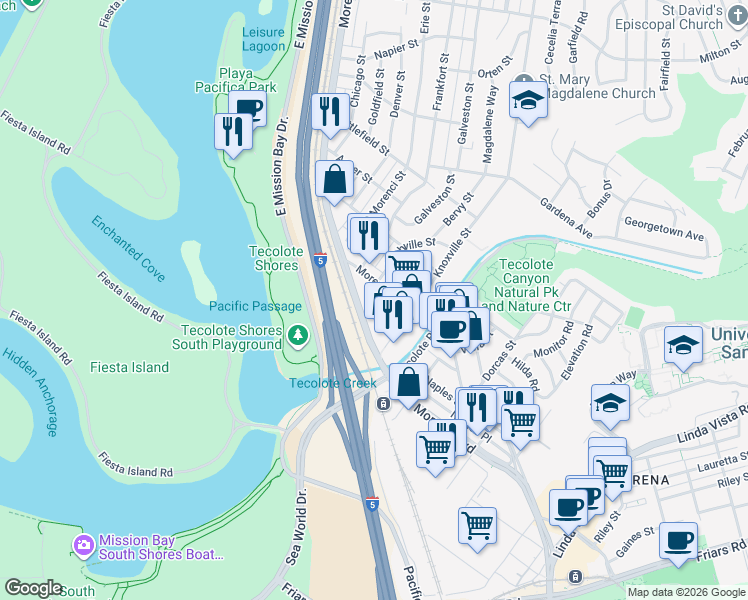 map of restaurants, bars, coffee shops, grocery stores, and more near 1476 Morena Boulevard in San Diego