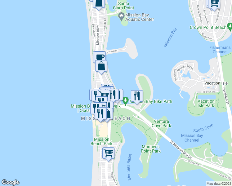map of restaurants, bars, coffee shops, grocery stores, and more near 844 Isthmus Court in San Diego