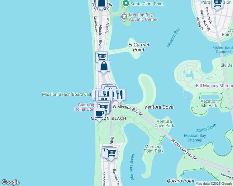 map of restaurants, bars, coffee shops, grocery stores, and more near 844 Isthmus Court in San Diego
