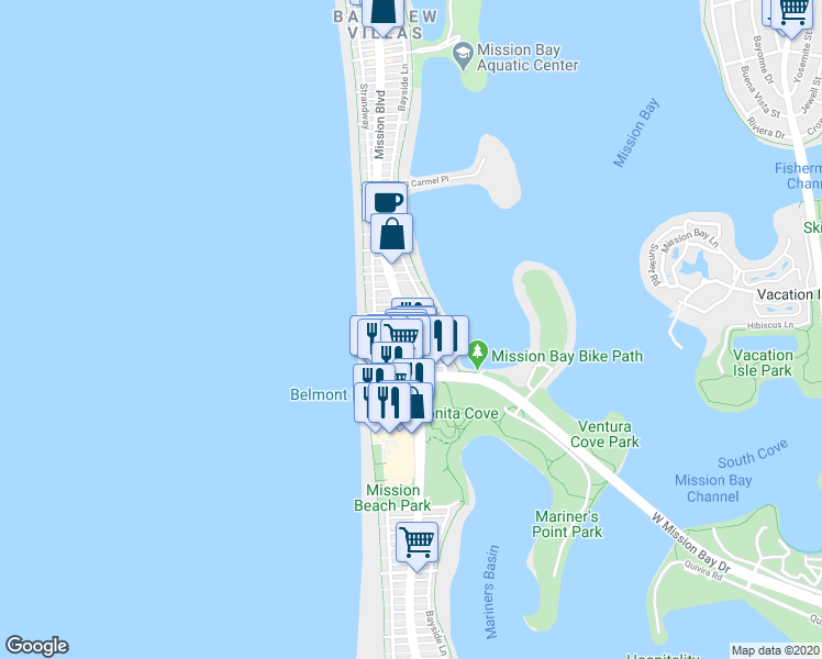 map of restaurants, bars, coffee shops, grocery stores, and more near in San Diego