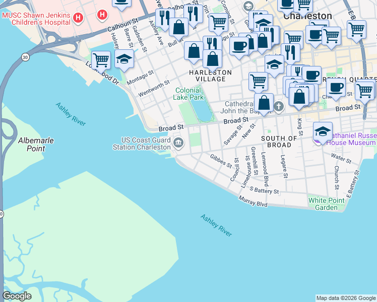 map of restaurants, bars, coffee shops, grocery stores, and more near 194 Tradd Street in Charleston
