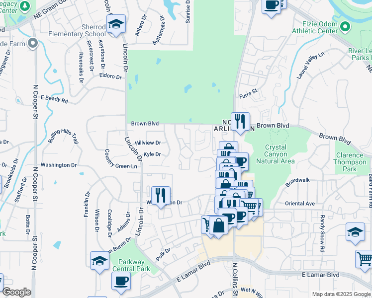 map of restaurants, bars, coffee shops, grocery stores, and more near 2300 Brown Oaks Drive in Arlington