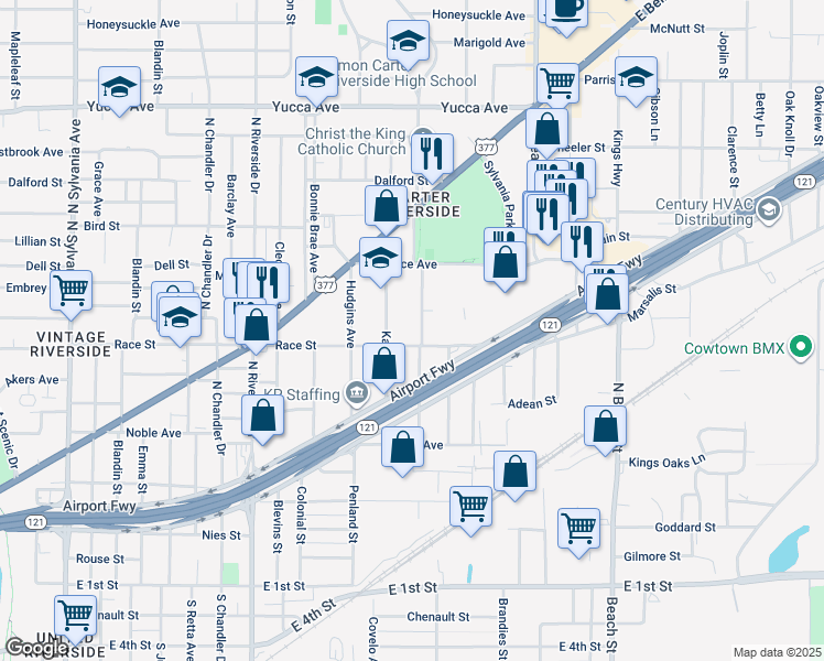 map of restaurants, bars, coffee shops, grocery stores, and more near 3605 Race Street in Fort Worth