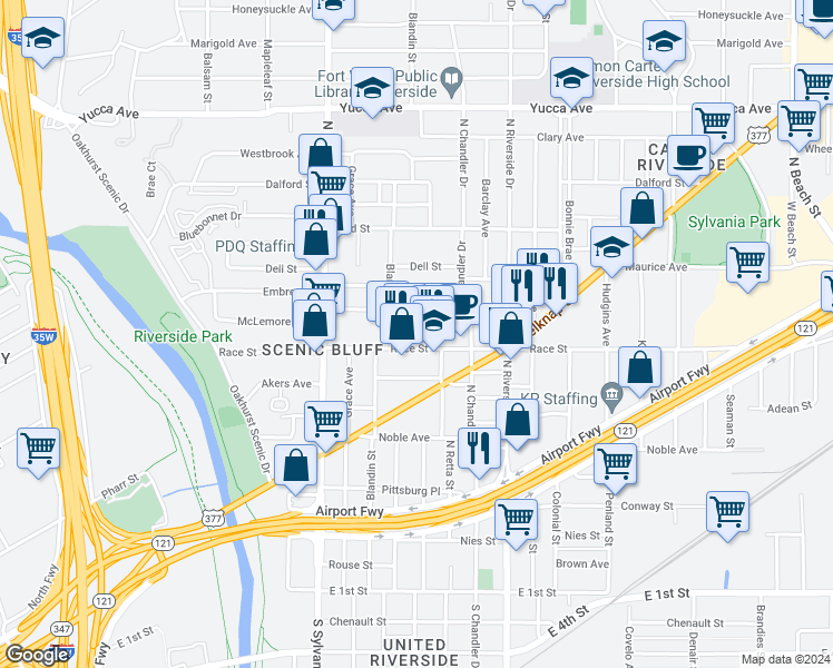 map of restaurants, bars, coffee shops, grocery stores, and more near 2905 Race Street in Fort Worth