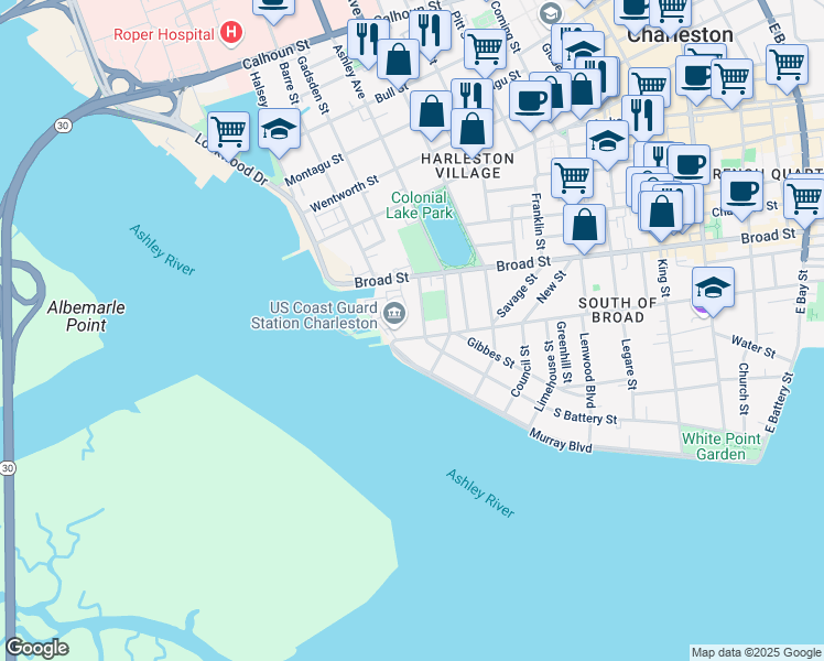 map of restaurants, bars, coffee shops, grocery stores, and more near 194 Tradd Street in Charleston