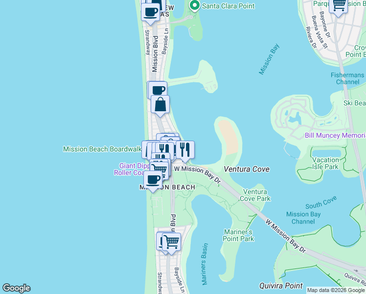 map of restaurants, bars, coffee shops, grocery stores, and more near 837 Jamaica Court in San Diego