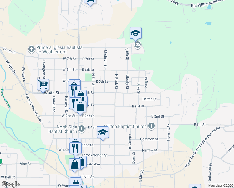 map of restaurants, bars, coffee shops, grocery stores, and more near 1217 North Rusk Street in Weatherford