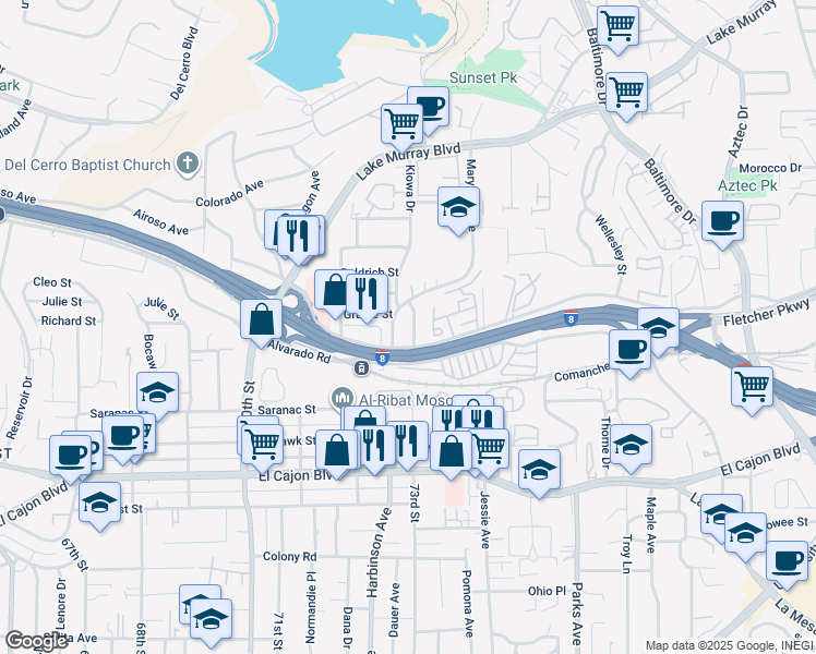 map of restaurants, bars, coffee shops, grocery stores, and more near 5240 Guessman Avenue in La Mesa
