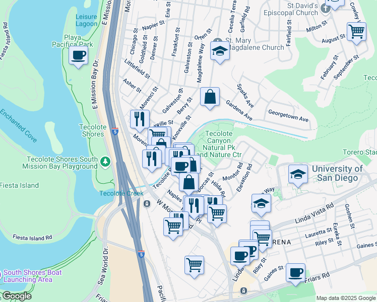 map of restaurants, bars, coffee shops, grocery stores, and more near 4904 Lillian Street in San Diego