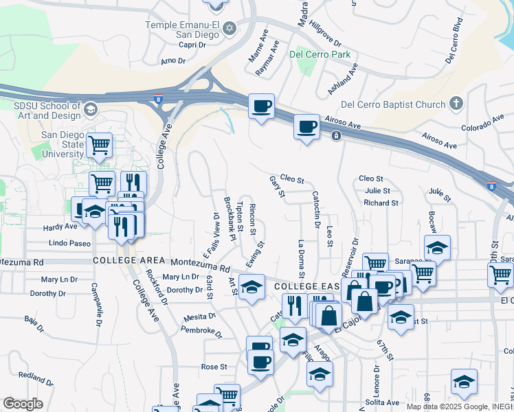 map of restaurants, bars, coffee shops, grocery stores, and more near 5235 Rincon Street in San Diego