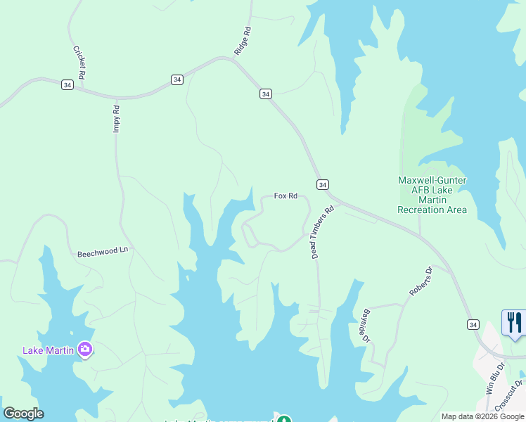 map of restaurants, bars, coffee shops, grocery stores, and more near Fox Road in Tallapoosa County