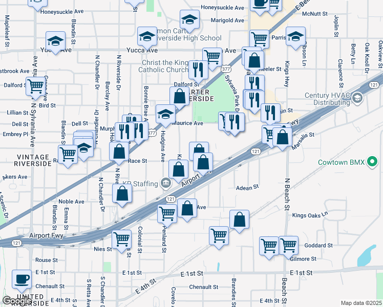 map of restaurants, bars, coffee shops, grocery stores, and more near 3605 Race Street in Fort Worth