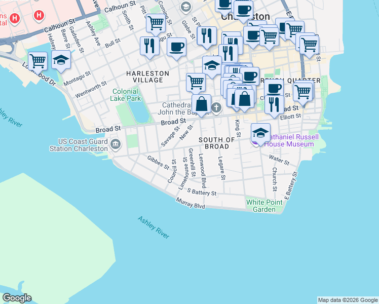 map of restaurants, bars, coffee shops, grocery stores, and more near 1 Greenhill Street in Charleston