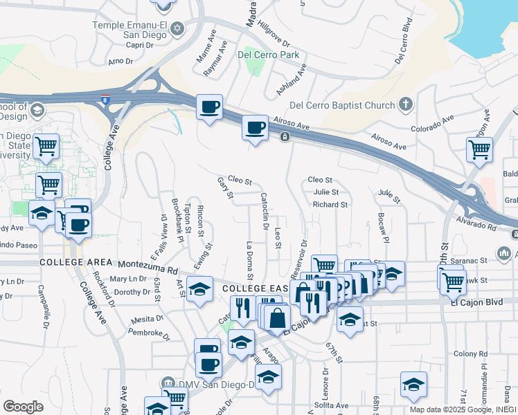 map of restaurants, bars, coffee shops, grocery stores, and more near 6459 Richard Street in San Diego