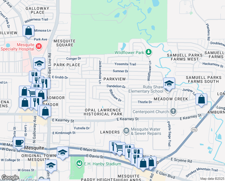 map of restaurants, bars, coffee shops, grocery stores, and more near 712 Billshaw Drive in Mesquite