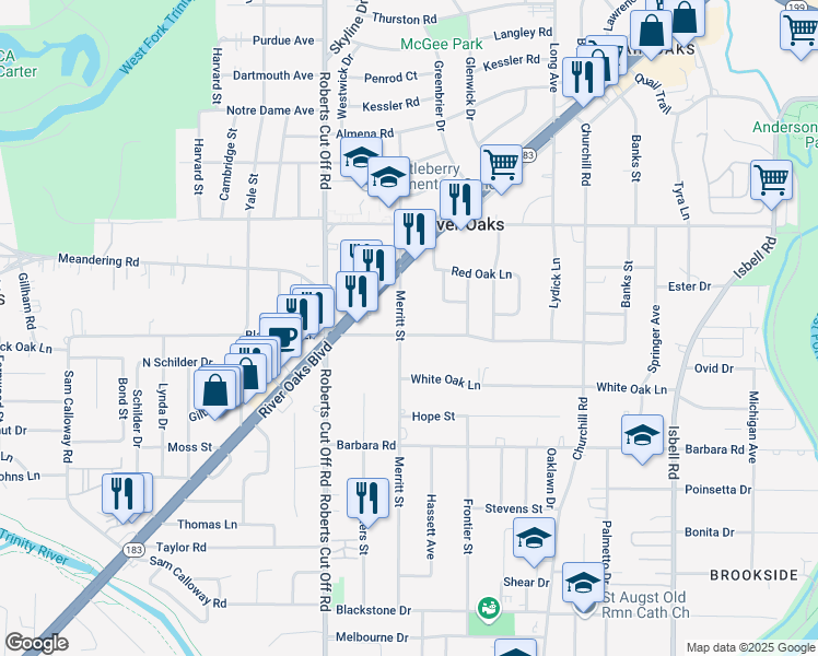 map of restaurants, bars, coffee shops, grocery stores, and more near 900 Merritt Street in River Oaks