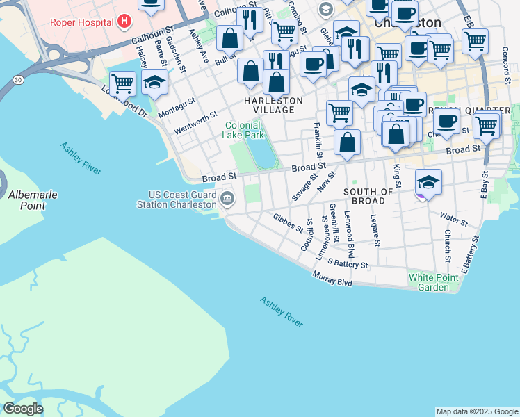 map of restaurants, bars, coffee shops, grocery stores, and more near 184 Tradd Street in Charleston