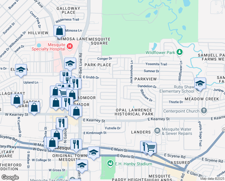 map of restaurants, bars, coffee shops, grocery stores, and more near 411 Dinalynn Drive in Mesquite