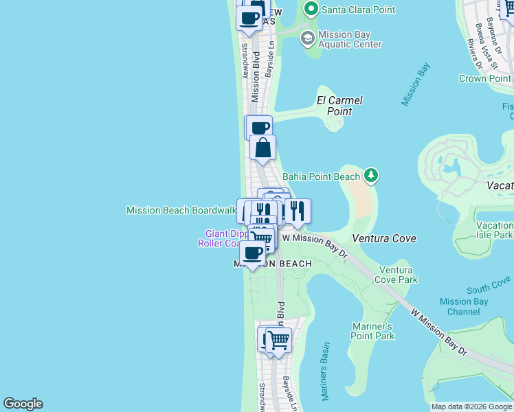 map of restaurants, bars, coffee shops, grocery stores, and more near 737 Jamaica Court in San Diego