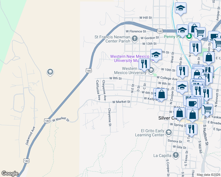 map of restaurants, bars, coffee shops, grocery stores, and more near 1506 West 6th Street in Silver City