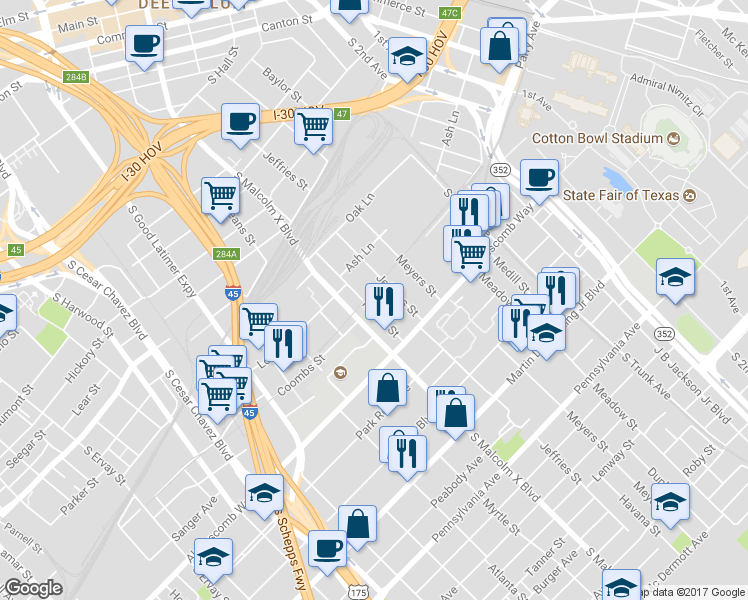 map of restaurants, bars, coffee shops, grocery stores, and more near 2606 Merlin Street in Dallas