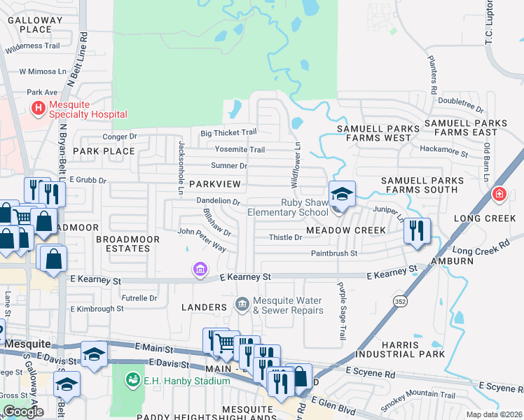 map of restaurants, bars, coffee shops, grocery stores, and more near 1014 Dandelion Drive in Mesquite